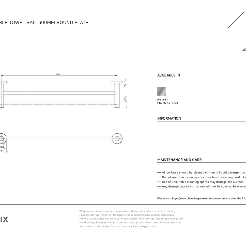 PHOENIX RADII SS 316 DOUBLE NON-HEATED TOWEL RAIL ROUND PLATE STAINLESS STEEL 600MM