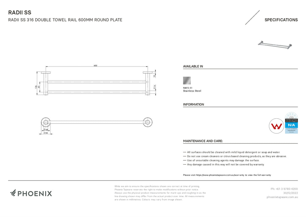 PHOENIX RADII SS 316 DOUBLE NON-HEATED TOWEL RAIL ROUND PLATE STAINLESS STEEL 600MM
