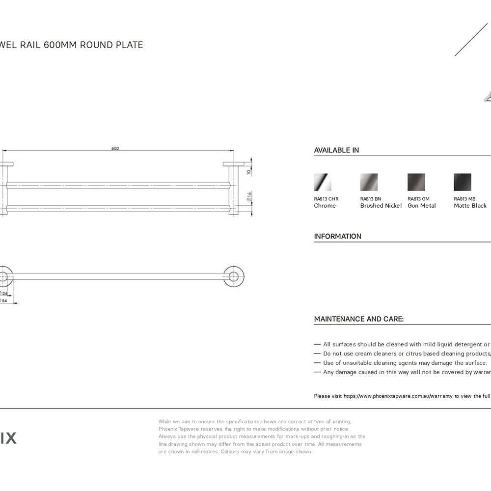 PHOENIX RADII DOUBLE NON-HEATED TOWEL RAIL ROUND PLATE CHROME 600MM