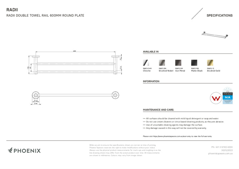 PHOENIX RADII DOUBLE NON-HEATED TOWEL RAIL ROUND PLATE CHROME 600MM
