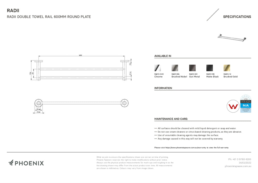 PHOENIX RADII DOUBLE NON-HEATED TOWEL RAIL ROUND PLATE BRUSHED NICKEL (AVAILABLE 600MM AND 800MM)