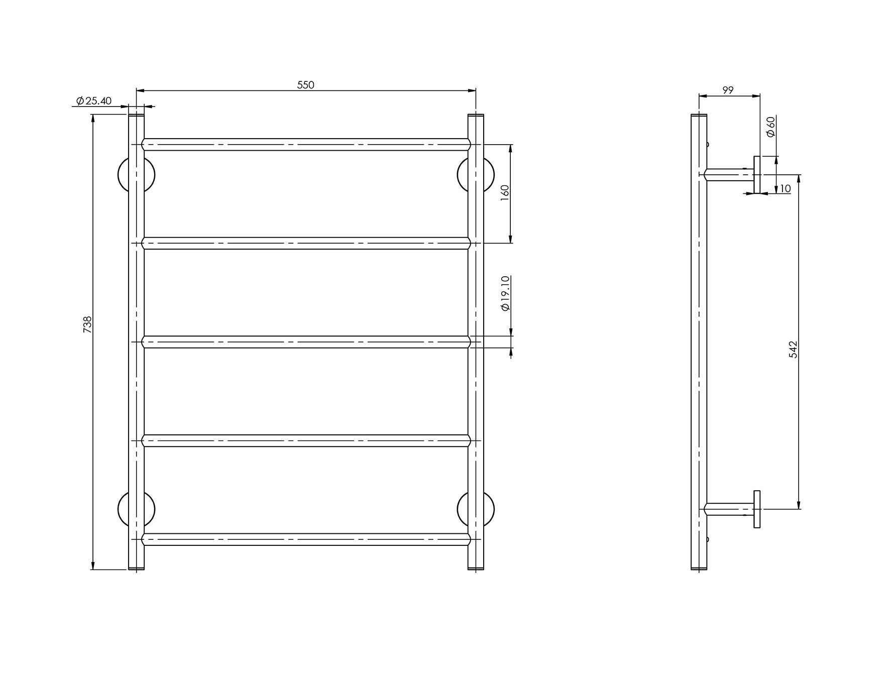 PHOENIX RADII NON-HEATED TOWEL LADDER ROUND PLATE MATTE BLACK 550MM X 740MM