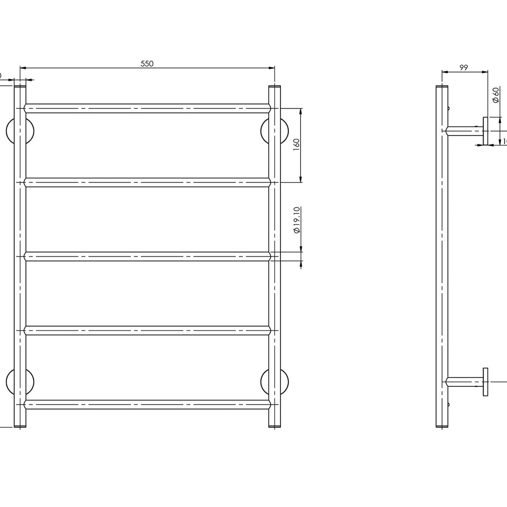 PHOENIX RADII NON-HEATED TOWEL LADDER ROUND PLATE CHROME 550MM X 740MM