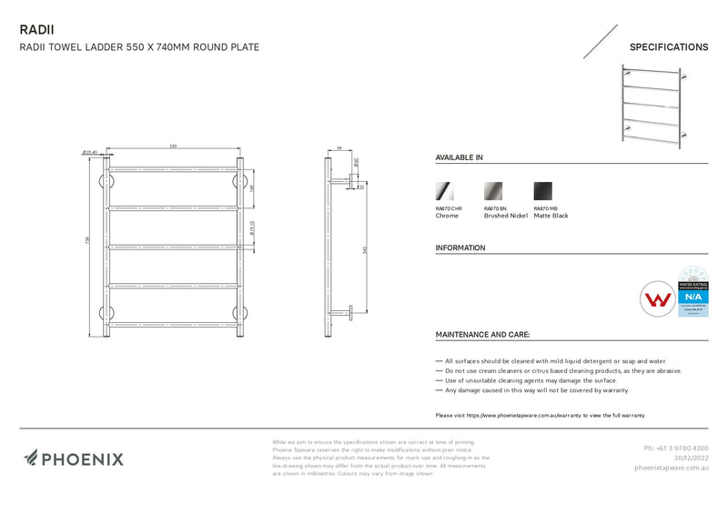 PHOENIX RADII NON-HEATED TOWEL LADDER ROUND PLATE BRUSHED NICKEL 550MM X 740MM