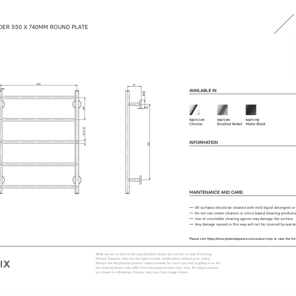 PHOENIX RADII NON-HEATED TOWEL LADDER ROUND PLATE CHROME 550MM X 740MM