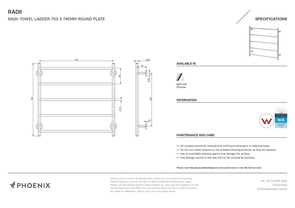 PHOENIX RADII NON-HEATED TOWEL LADDER ROUND PLATE CHROME 750MM X 740MM