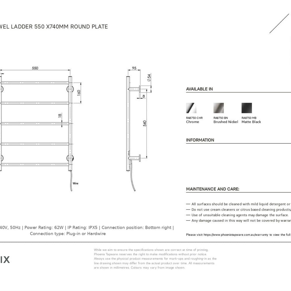 PHOENIX RADII 5-BARS ROUND HEATED TOWEL LADDER W/ ROUND PLATE CHROME 550MM