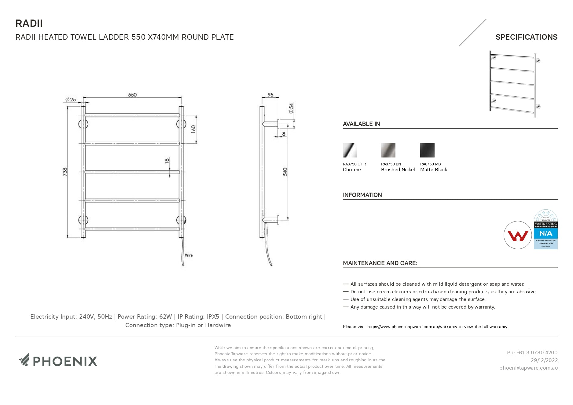 PHOENIX RADII 5-BARS ROUND HEATED TOWEL LADDER W/ ROUND PLATE MATTE BLACK 550MM