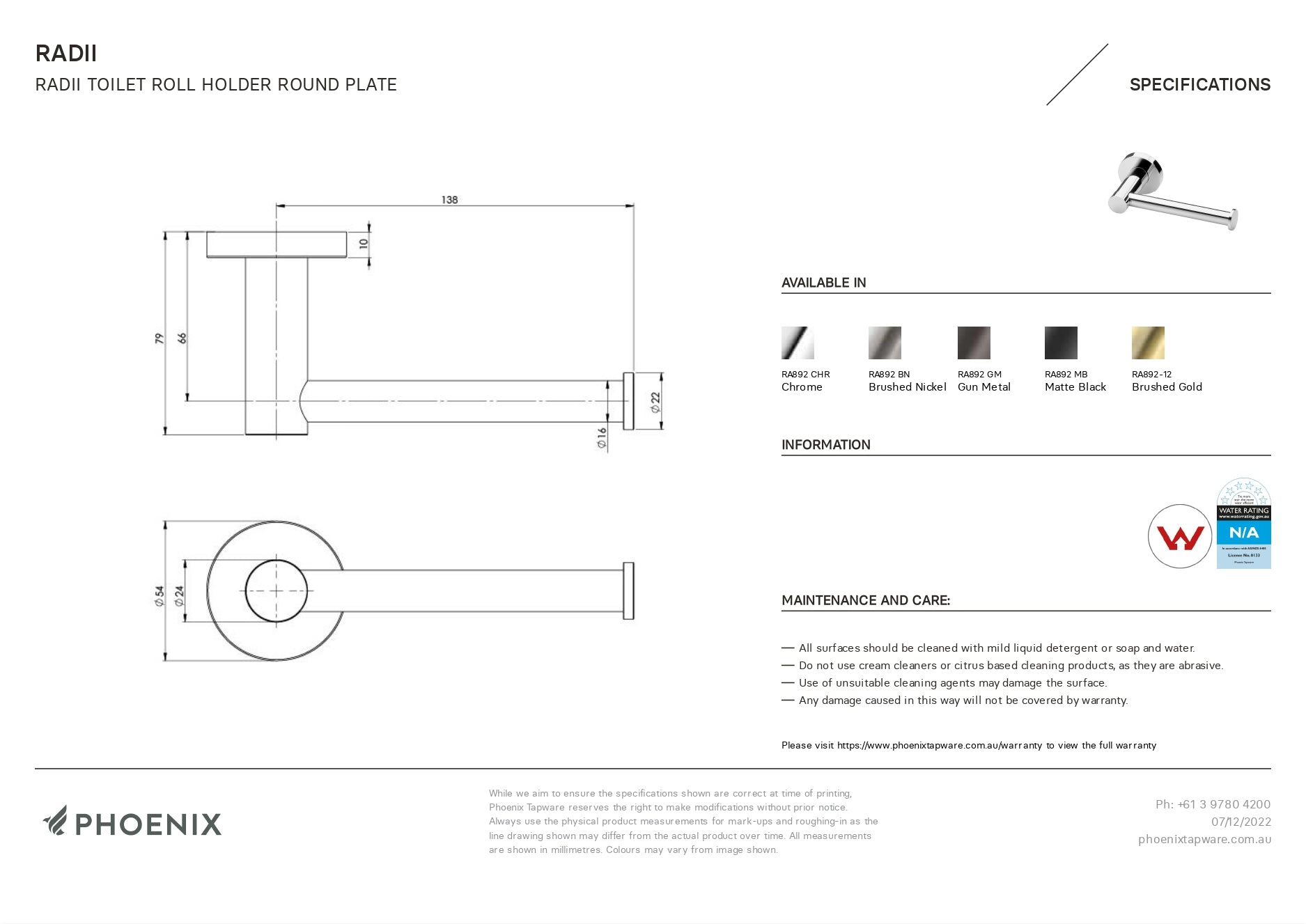 PHOENIX RADII TOILET ROLL HOLDER ROUND PLATE CHROME 138MM