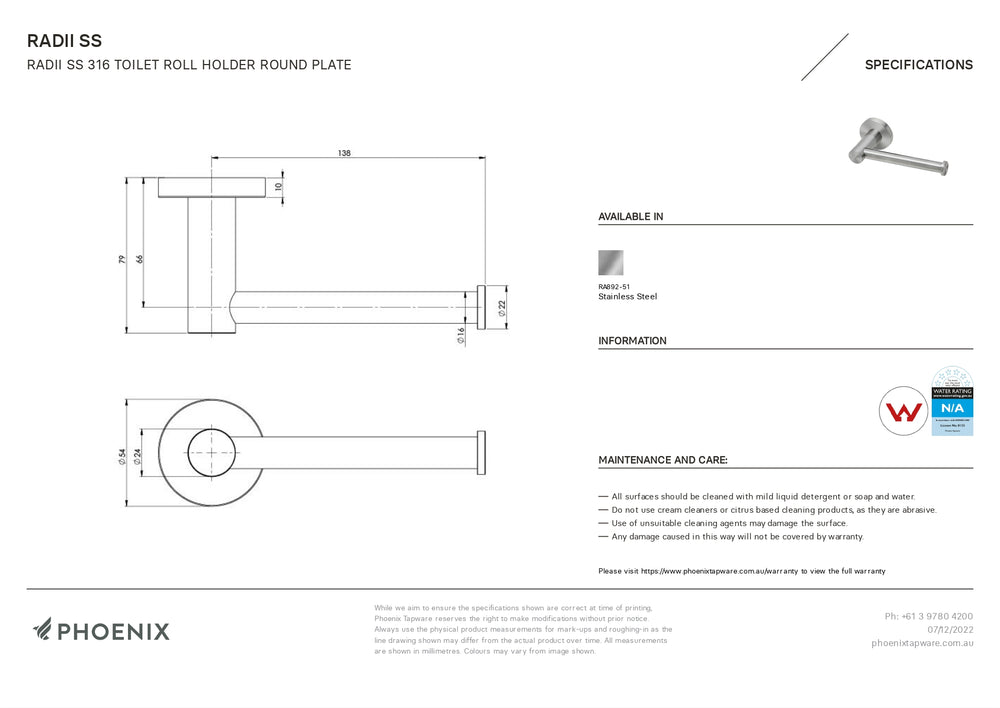 PHOENIX RADII TOILET ROLL HOLDER ROUND PLATE STAINLESS STEEL