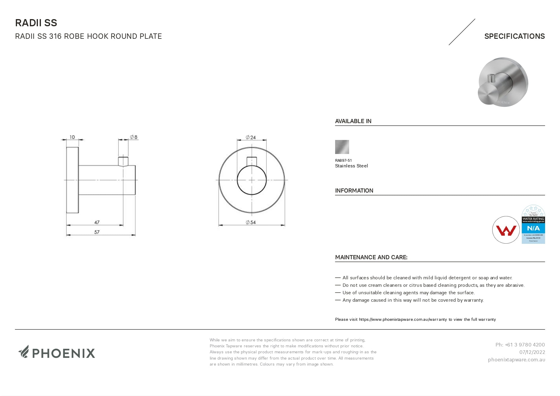 PHOENIX RADII ROBE HOOK ROUND PLATE SILVER GREY 57MM