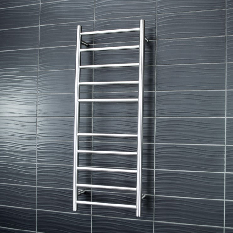 RADIANT HEATING 10-BARS ROUND HEATED TOWEL RAIL LOW VOLTAGE BRUSHED SATIN 430MM