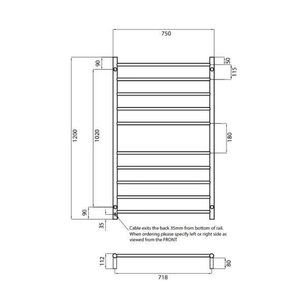 RADIANT HEATING 10-BARS ROUND HEATED TOWEL RAIL BRUSHED SATIN 130WATTS 750MM