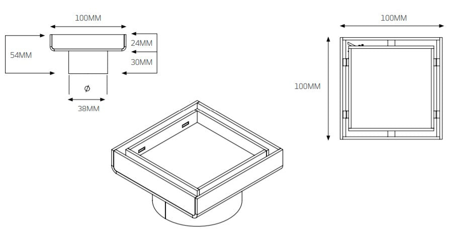 Radiant Heating Square Tile Insert Floor Grate 100mm Matte Black - technical drawing