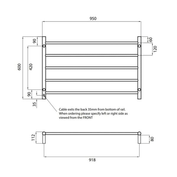 RADIANT HEATING 5-BARS ROUND HEATED TOWEL RAIL BRUSHED SATIN 80WATTS 950MM