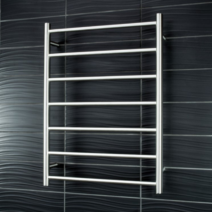 RADIANT HEATING 7-BARS ROUND HEATED TOWEL RAIL LOW VOLTAGE BRUSHED SATIN 600MM