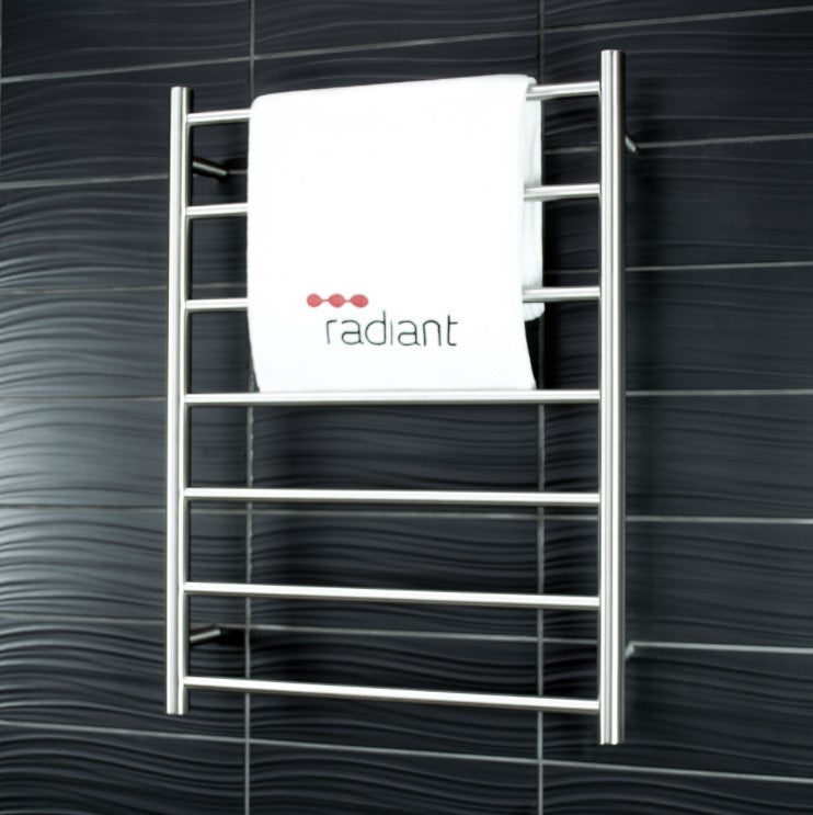 RADIANT HEATING 7-BARS ROUND HEATED TOWEL RAIL LOW VOLTAGE BRUSHED SATIN 600MM
