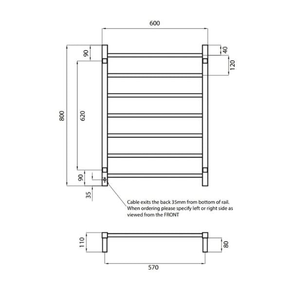 RADIANT HEATING 7-BARS SQUARE HEATED TOWEL RAIL GUN METAL GREY 80WATTS 600MM