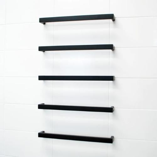 RADIANT HEATING SQUARE HEATED SINGLE TOWEL RAIL MATTE BLACK 500MM, 650MM AND 800MM