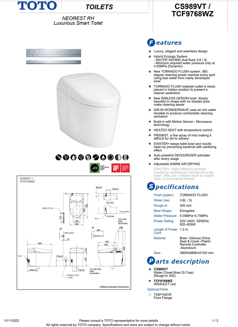 TOTO NEOREST RH INTEGRATED TOILET AND WASHLET W/ REMOTE CONTROL PACKAGE ELONGATED GLOSS WHITE