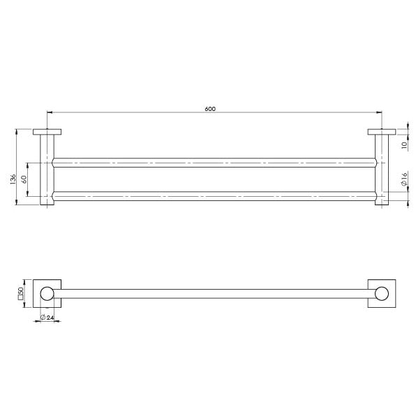 PHOENIX RADII DOUBLE NON-HEATED TOWEL RAIL SQUARE PLATE BRUSHED NICKEL 600MM AND 800MM