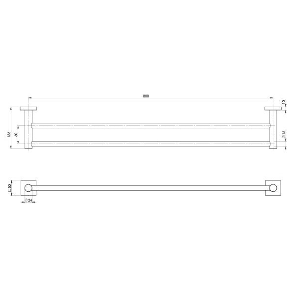 PHOENIX RADII DOUBLE NON-HEATED TOWEL RAIL SQUARE PLATE MATTE BLACK 600MM AND 800MM