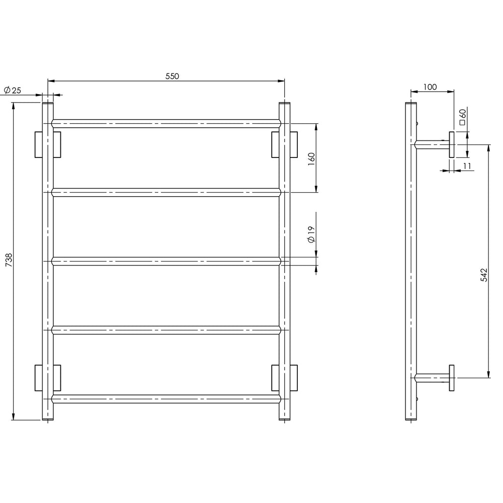 PHOENIX RADII NON-HEATED TOWEL LADDER SQUARE PLATE MATTE BLACK 550MM X 740MM