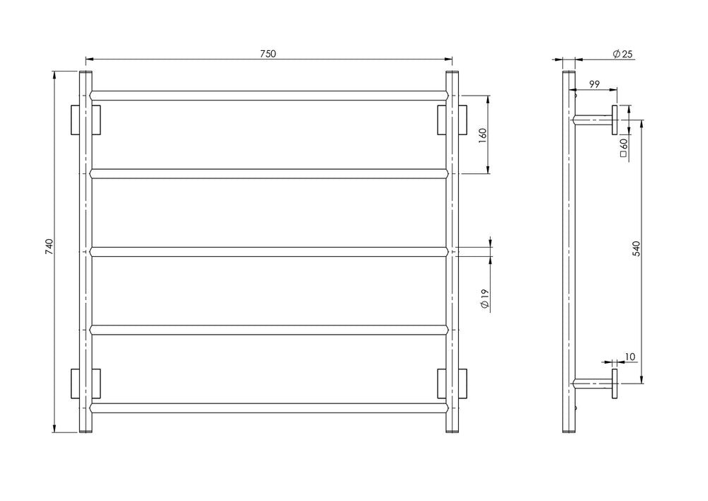 PHOENIX RADII NON-HEATED TOWEL LADDER SQUARE PLATE CHROME 750MM X 740MM