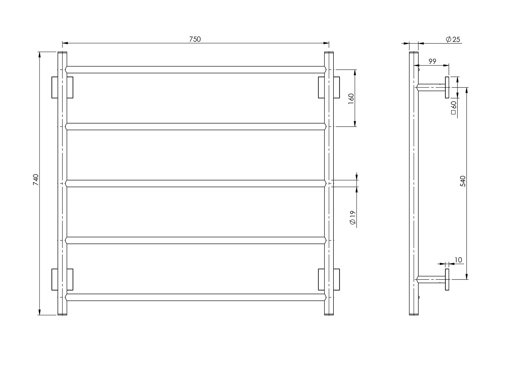 PHOENIX RADII NON-HEATED TOWEL LADDER SQUARE PLATE CHROME 750MM X 740MM