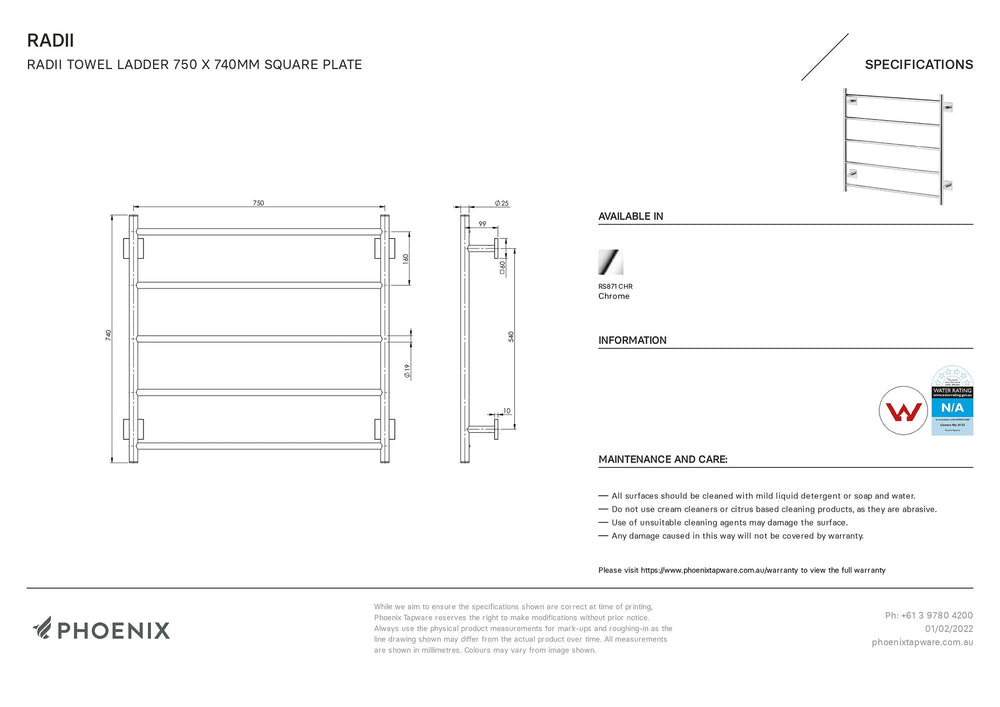 PHOENIX RADII NON-HEATED TOWEL LADDER SQUARE PLATE CHROME 750MM X 740MM