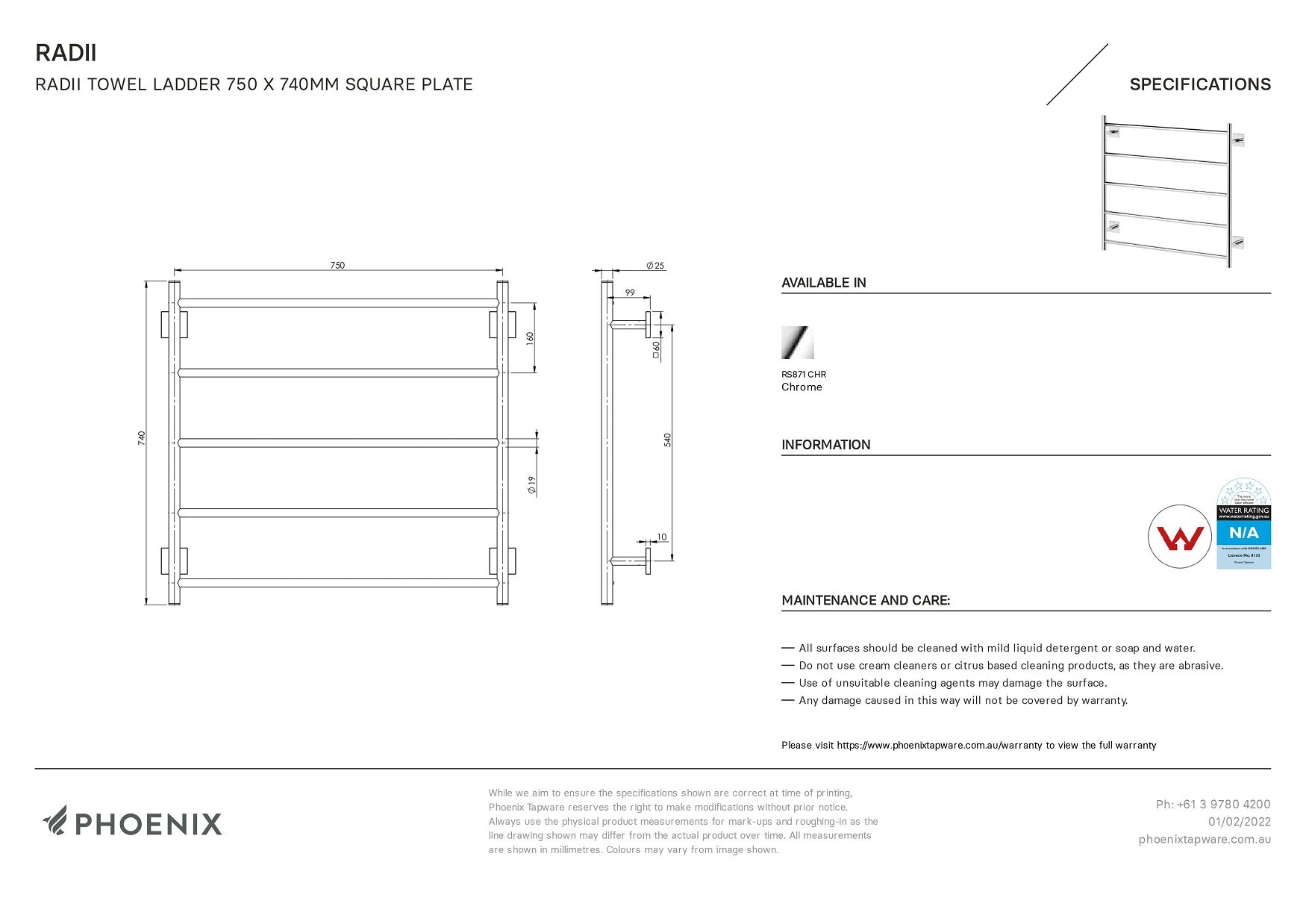 PHOENIX RADII NON-HEATED TOWEL LADDER SQUARE PLATE CHROME 750MM X 740MM