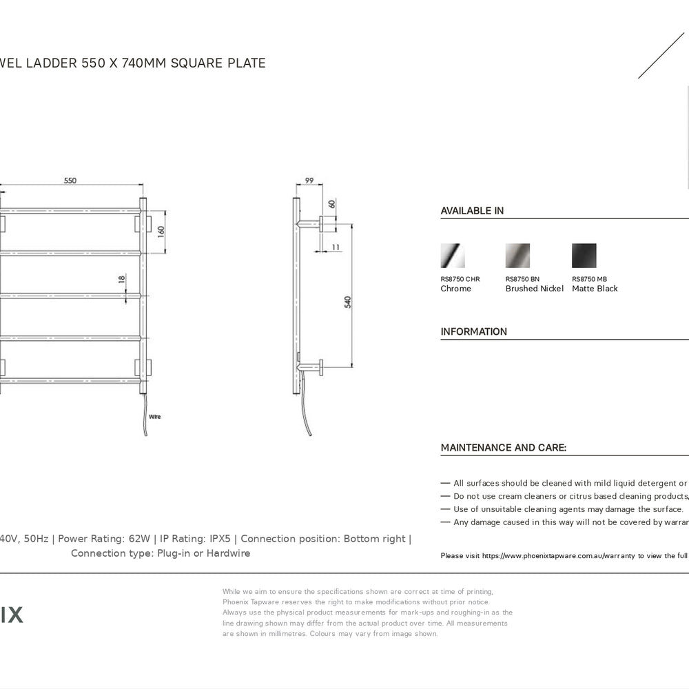 PHOENIX RADII 5-BARS ROUND HEATED TOWEL LADDER W/ SQUARE PLATE MATTE BLACK 550MM