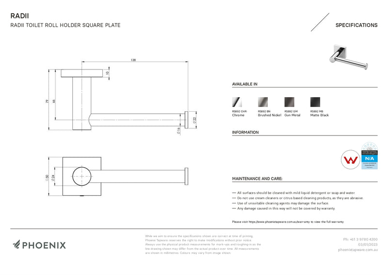 PHOENIX RADII TOILET ROLL HOLDER SQUARE PLATE MATTE BLACK 138MM