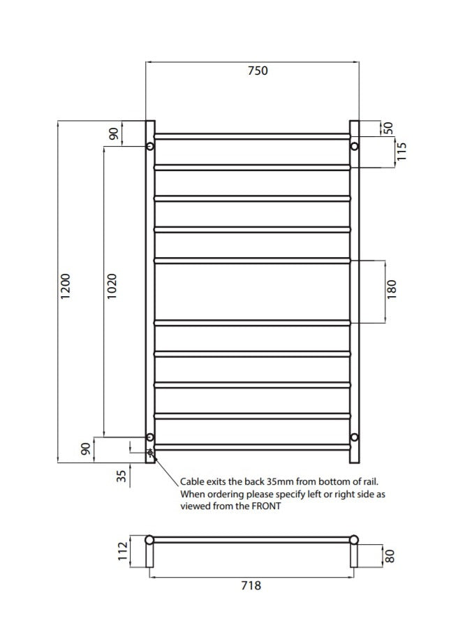 RADIANT HEATING 10-BARS ROUND HEATED TOWEL RAIL MATTE BLACK 130WATTS 750MM