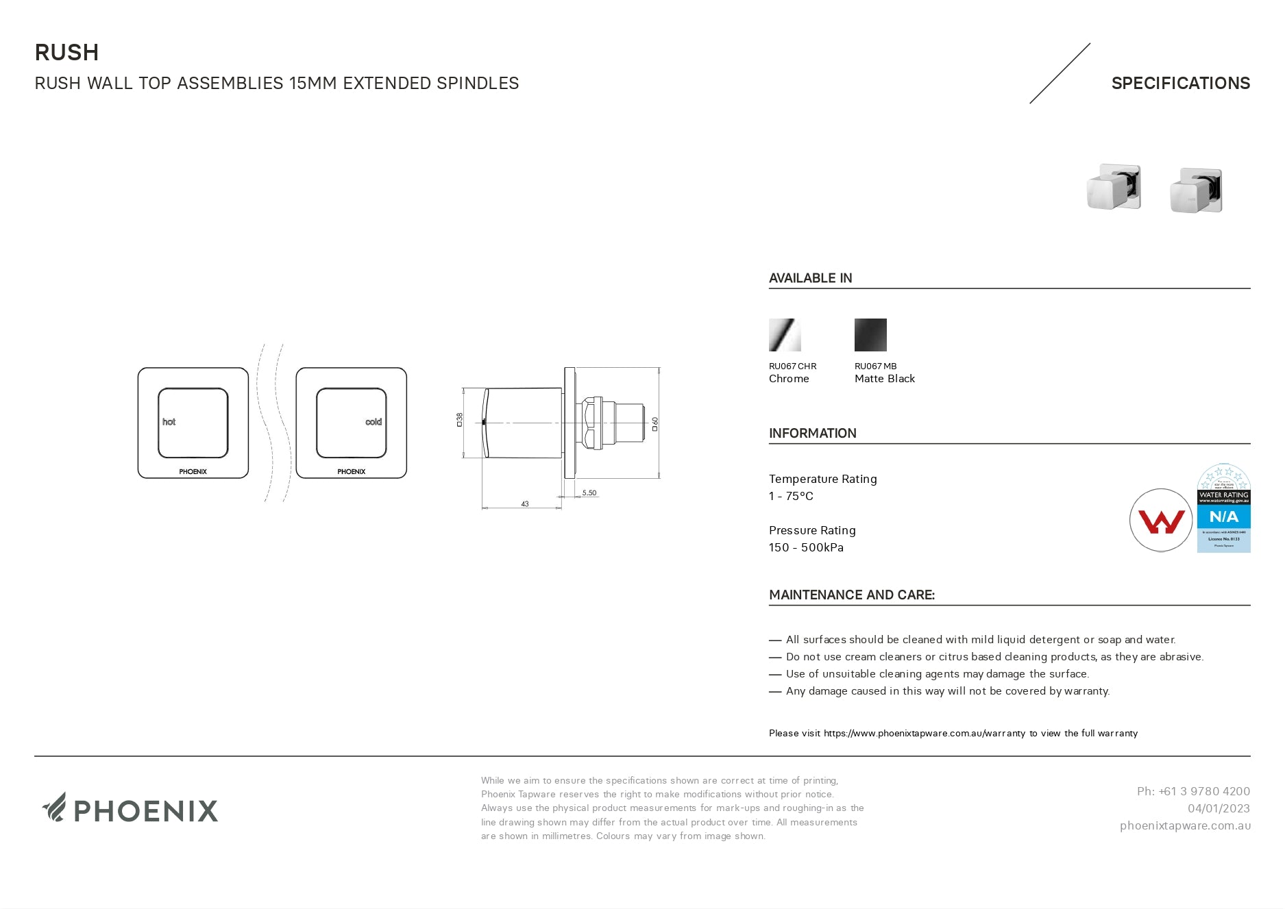 PHOENIX RUSH WALL TOP ASSEMBLIES 15MM EXTENDED SPINDLES MATTE BLACK