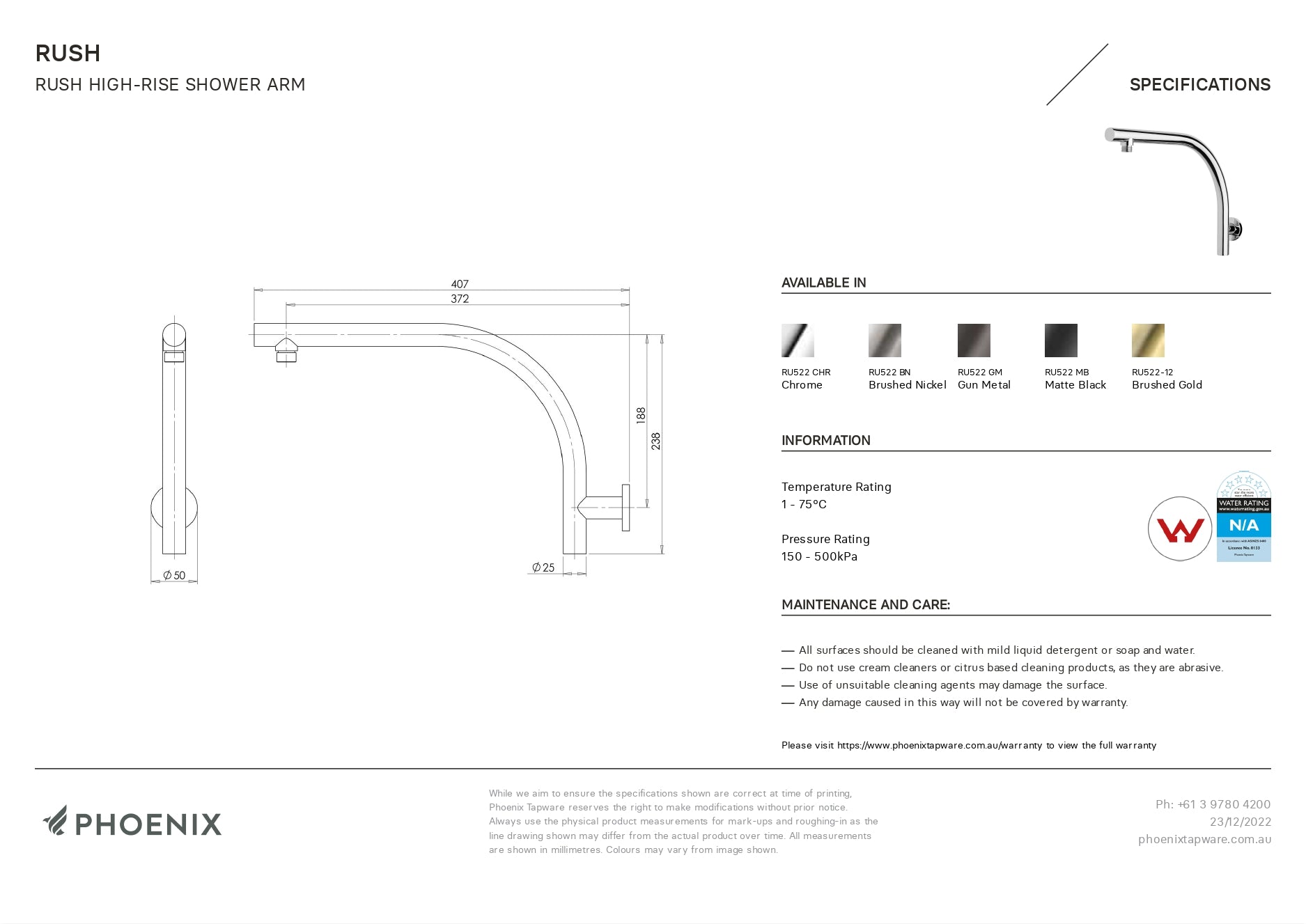 PHOENIX RUSH HIGH-RISE SHOWER ARM CHROME 400MM