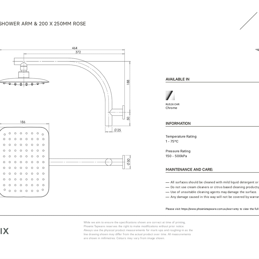 PHOENIX RUSH HIGH-RISE SHOWER ARM AND ROSE 250MM CHROME