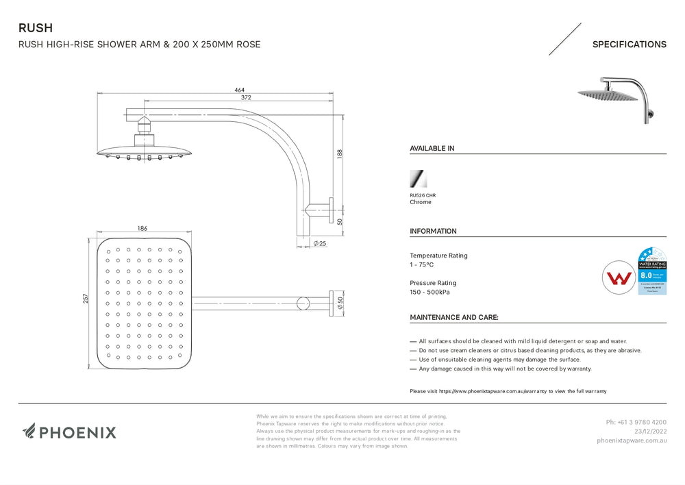 PHOENIX RUSH HIGH-RISE SHOWER ARM AND ROSE 250MM CHROME