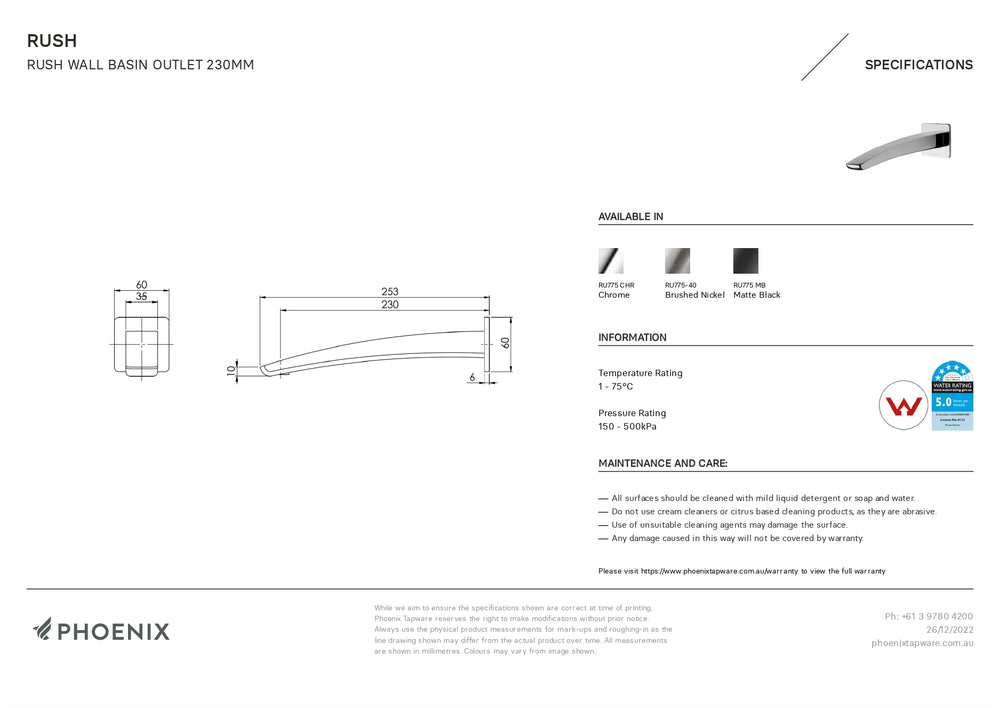 PHOENIX RUSH WALL OUTLET 230MM CHROME