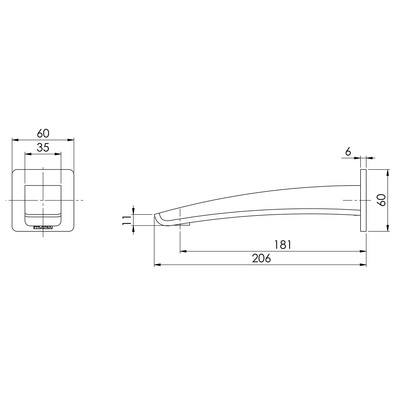 PHOENIX RUSH WALL BATH OUTLET 180MM CHROME