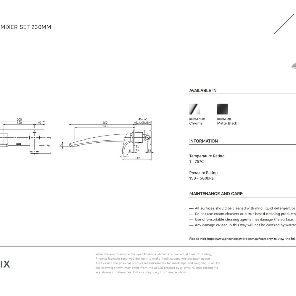 PHOENIX RUSH WALL BATH MIXER SET 230MM MATTE BLACK