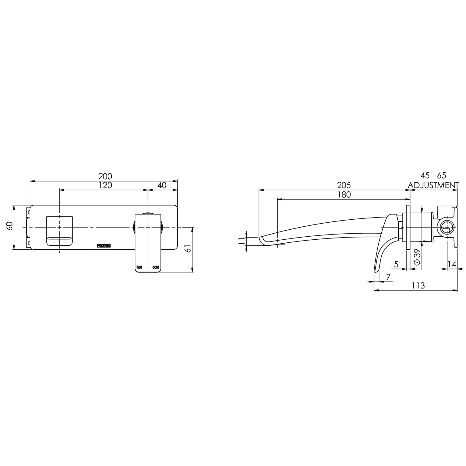 PHOENIX RUSH BASIN WALL MIXER SET 180MM MATTE BLACK