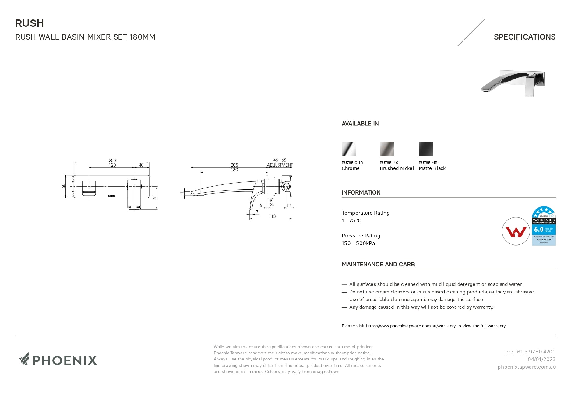 PHOENIX RUSH BASIN WALL MIXER SET 180MM MATTE BLACK