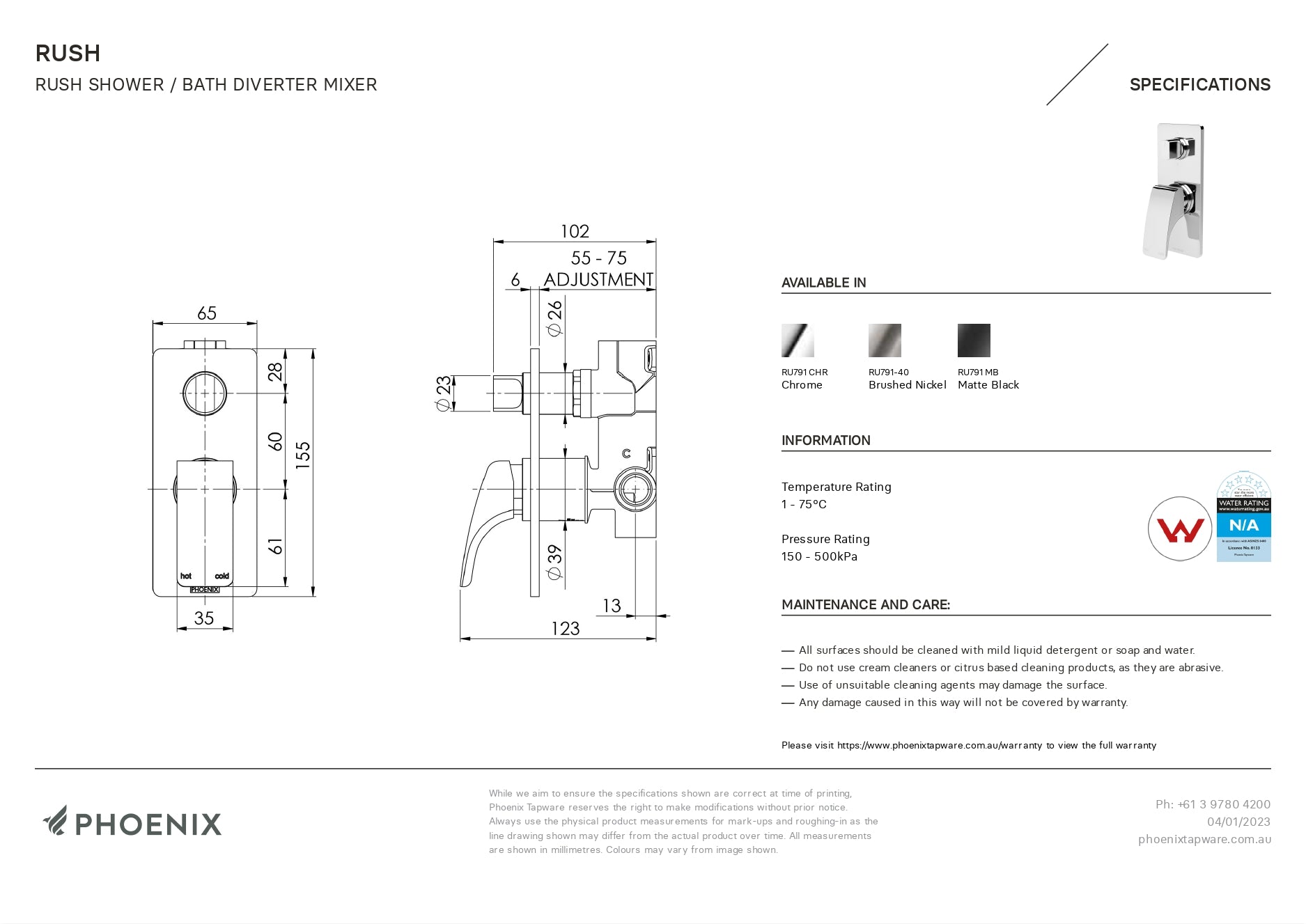 PHOENIX RUSH SHOWER / BATH DIVETER MIXER MATTE BLACK