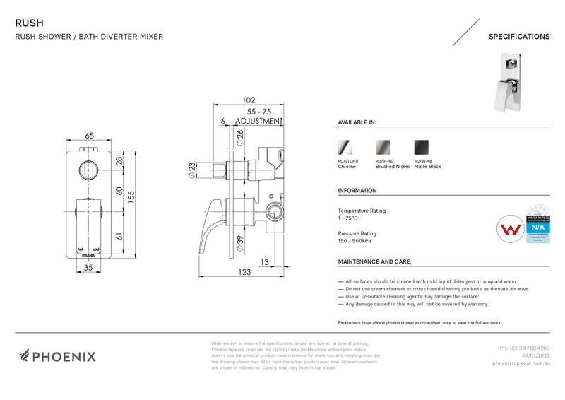 PHOENIX RUSH SHOWER / BATH DIVETER MIXER MATTE BLACK