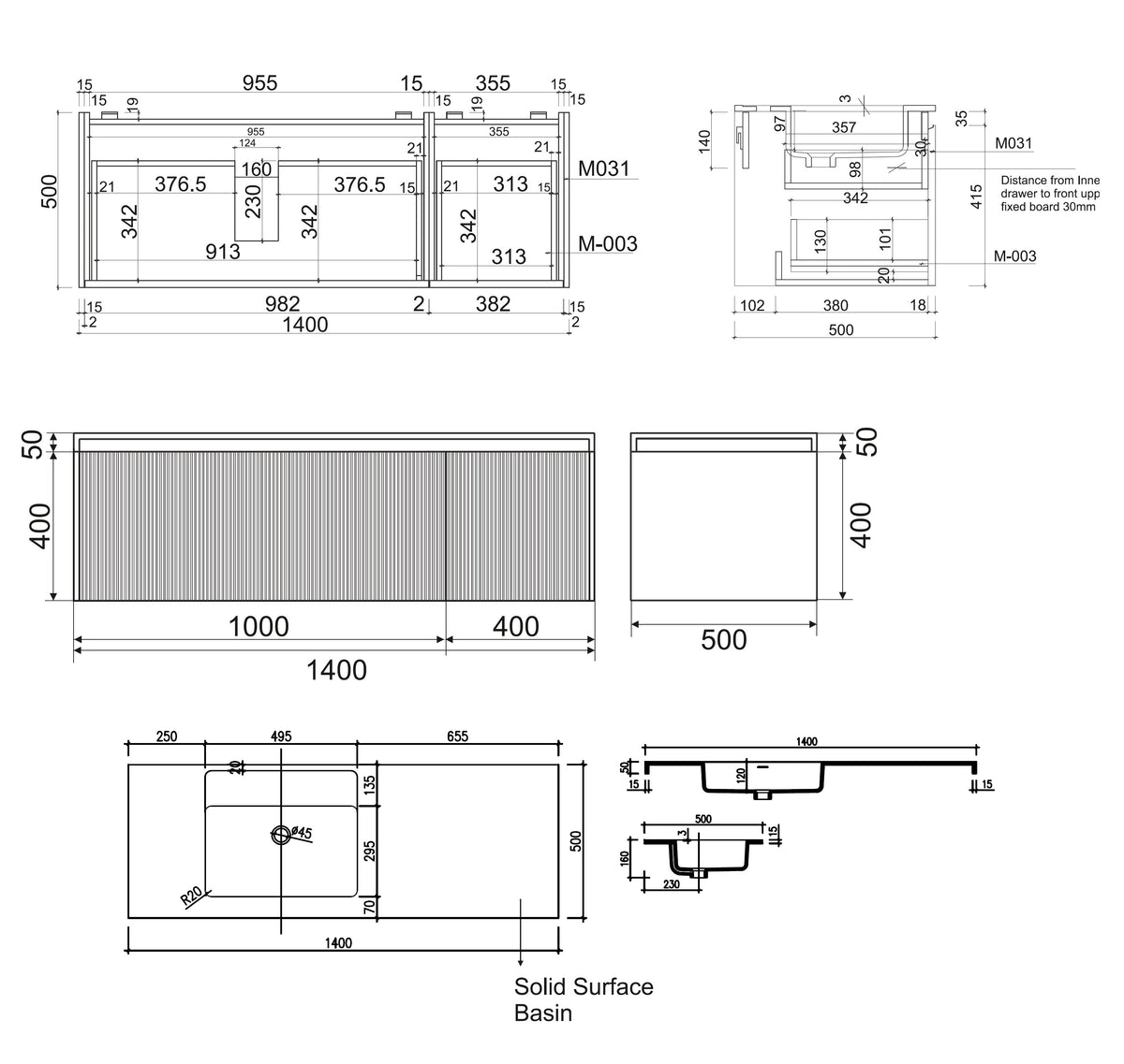 BEL BAGNO RIMINI POTTER'S CLAY 1400MM SINGLE BOWL WALL HUNG VANITY AND