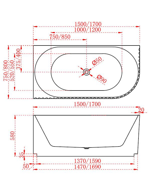 RIVA ROMA FLUTED LEFT CORNER BATHTUB MATTE WHITE (AVAILABLE IN 1500MM AND 1700MM)