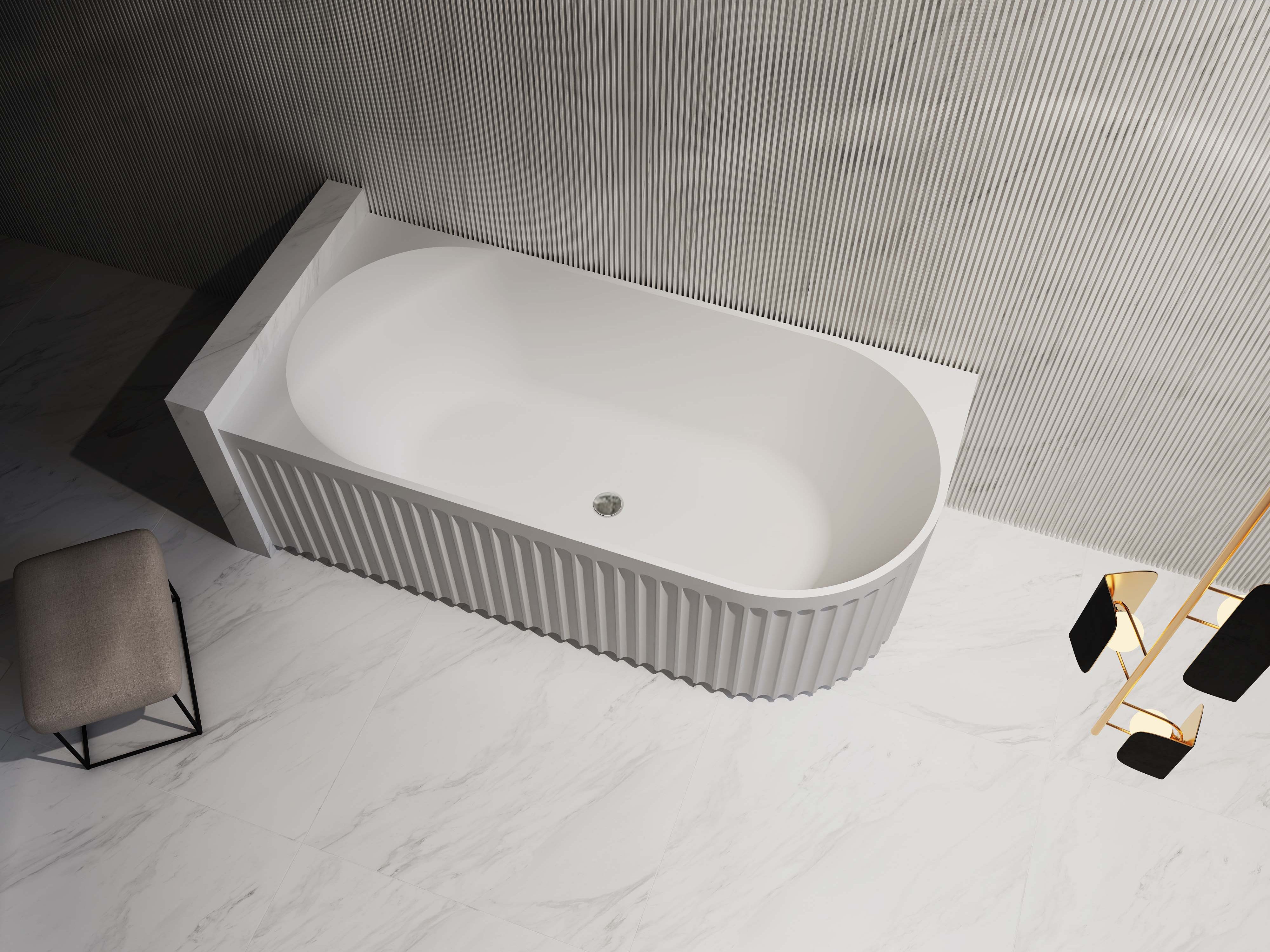 RIVA ROMA FLUTED LEFT CORNER BATHTUB MATTE WHITE (AVAILABLE IN 1500MM AND 1700MM)