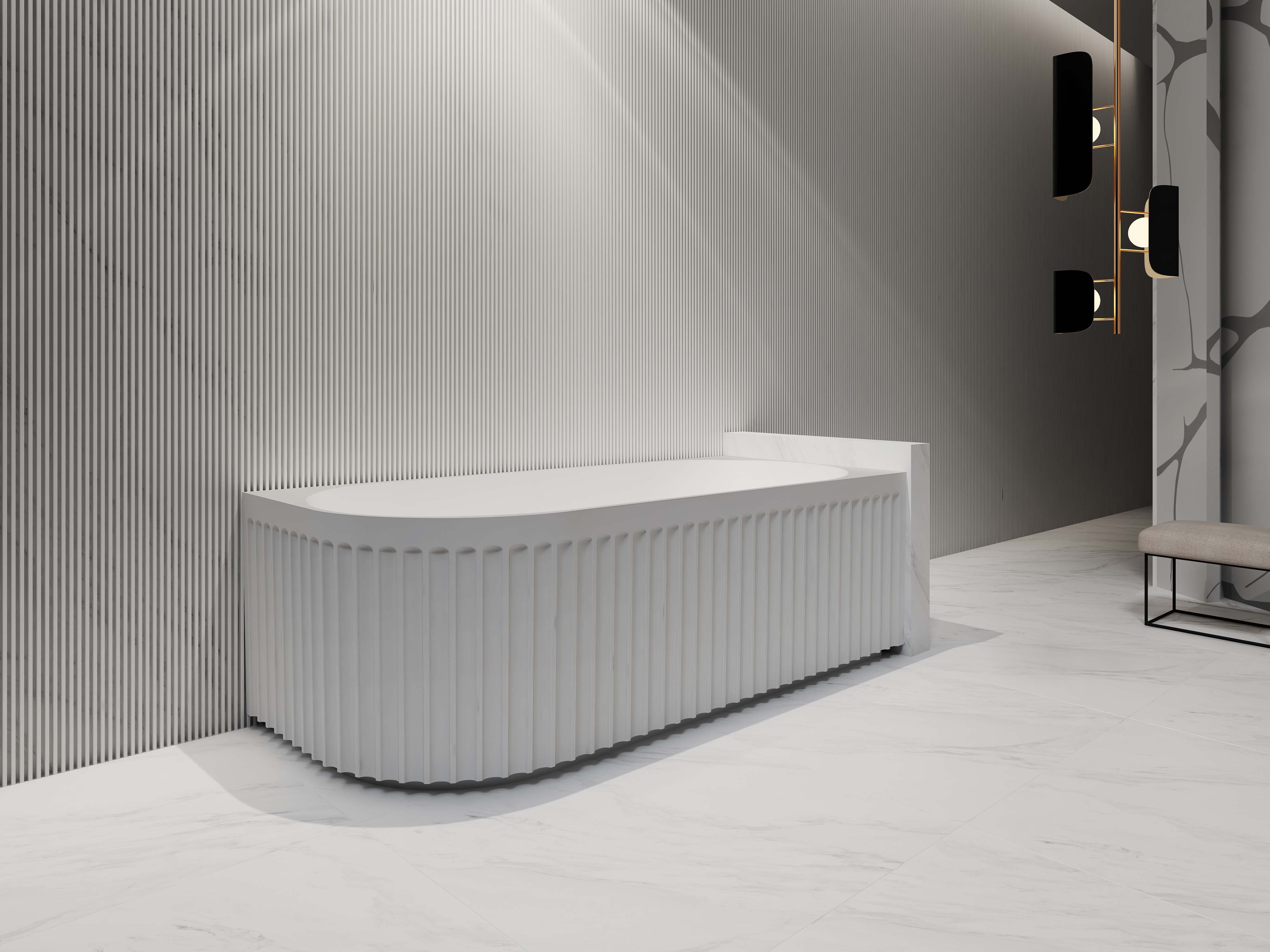 RIVA ROMA FLUTED RIGHT CORNER BATHTUB MATTE WHITE (AVAILABLE IN 1500MM AND 1700MM)