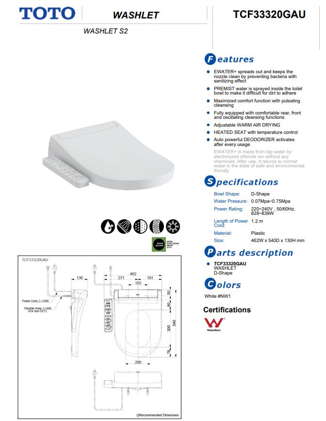TOTO S2 WASHLET WITH SIDE CONTROL D-SHAPED GLOSS WHITE